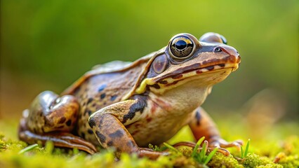 Fototapeta premium Macro European common grass frog Rana temporaria with selective focus and background blur
