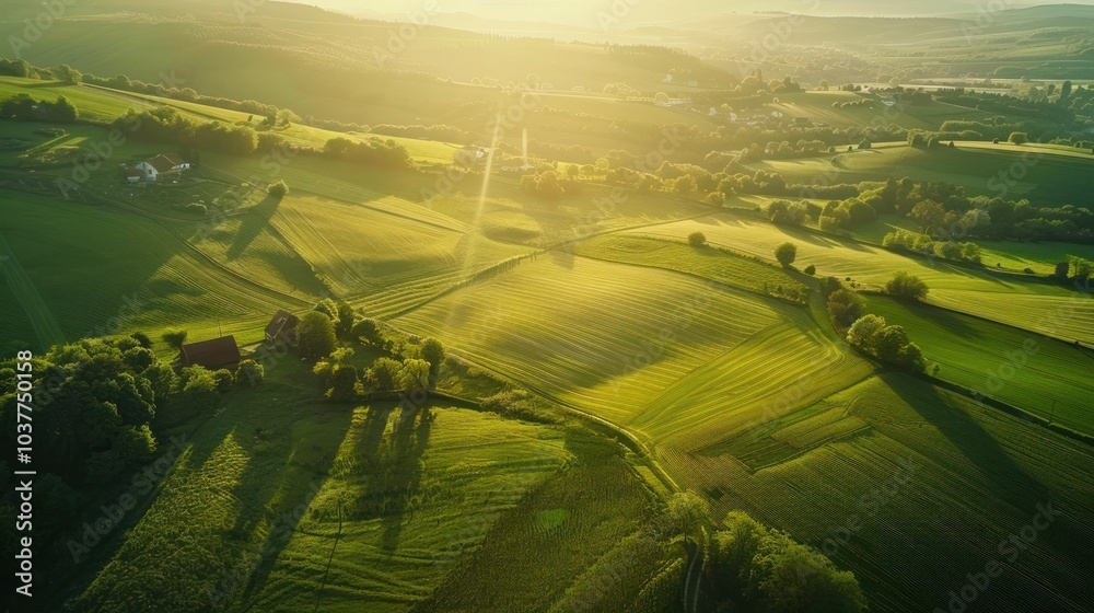 Sticker Aerial View of Lush Green Fields Bathed in Golden Sunlight