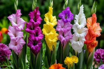 A Gladiolus plant growing tall among other garden flowers, its bright blooms standing out against the greenery