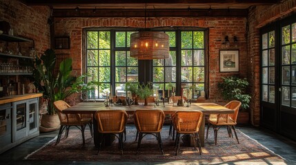 Fototapeta premium Cozy dining room with rustic decor and large windows.