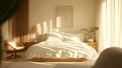 Bright and airy bedroom with natural light, minimalist decor, and cozy seating area in soft tones