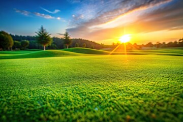 Macro green manicured lawn grass field of golf course landscape during morning sunrise