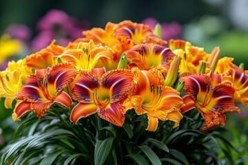 Fototapeta premium A bed of Daylilies (Hemerocallis) in full bloom, with bright orange and yellow flowers creating a cheerful summer display