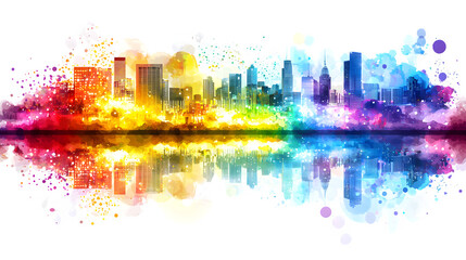 Obraz premium Vibrant City Skyline Reflection in Colorful Watercolor Style, transparent bg