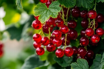 A bush of Redcurrant (Ribes Rubrum) laden with ripe, bright red berries, with the glossy fruit hanging in clusters against vibrant green leaves