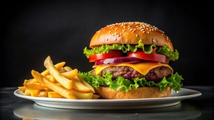 Macro juicy burger with French fries on a white plate, hamburger, cheeseburger, potato chips on black background