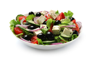 Delicious salad with feta cheese isolated on white
