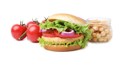 Delicious vegetarian burger with chickpea cutlet and ingredients isolated on white