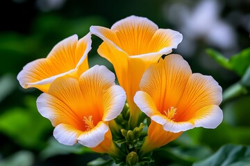 A close-up of the trumpet-shaped flowers of Campsis Radicans, capturing the intricate details and vivid orange hue