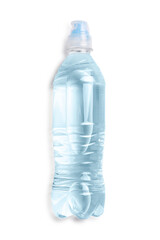 Plastic bottle of water isolated on white, top view