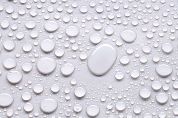 Water drops on light gray background, top view