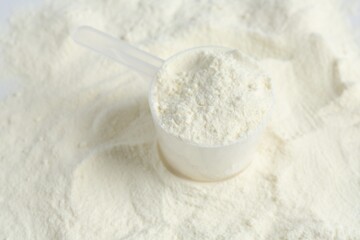 Pile of protein powder and scoop, closeup