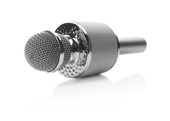 One silver karaoke microphone isolated on white