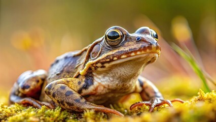 Obraz premium Macro photo of European common grass frog Rana temporaria with selective focus on blurred background