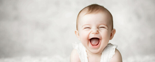 A baby is smiling and laughing, with its mouth open