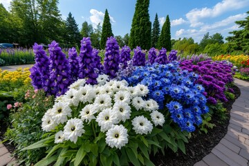 A garden filled with Delphiniums and Snapdragons, their tall, colorful flower spikes creating a vibrant vertical display