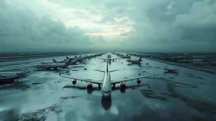 Flooded airport runway with grounded planes surrounded by water