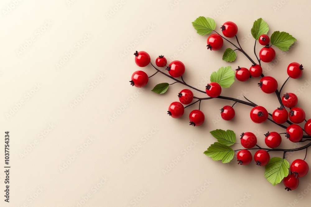 Poster a minimalist design of a redcurrant branch, with clean, simple lines highlighting the bright red ber
