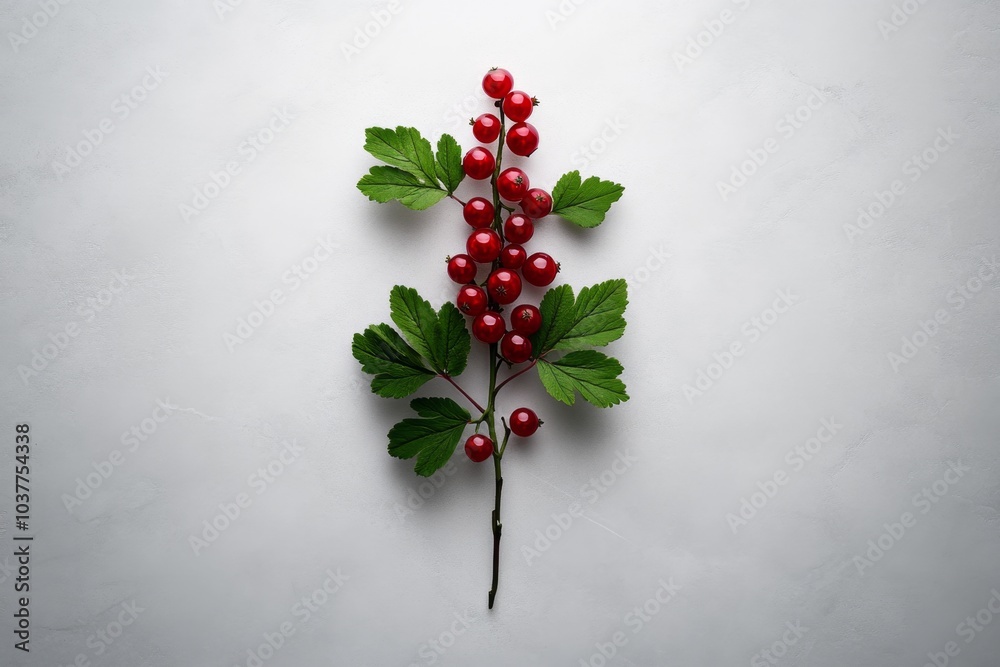 Poster a minimalist design of a redcurrant branch, with clean, simple lines highlighting the bright red ber
