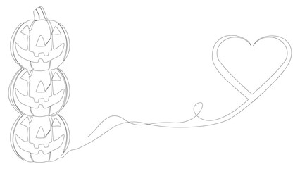One continuous line of Halloween Jack O' Lantern Pumpkin with Heart. Thin Line Illustration vector concept. Contour Drawing Creative ideas.