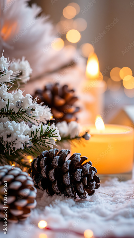 Canvas Prints detailed view a snowy pine cone with warm candlelight