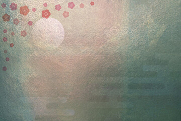 ゴールドピンクとブルー和紙に日本伝統の和柄模様　満月の月と雲のイメージテクスチャ