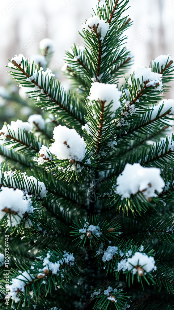 Sticker pine branch dusted with snow