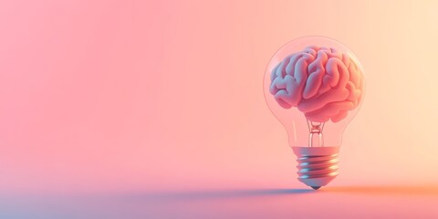 A 3D icon of a light bulb with a brain, representing creative thinking and ideas, isolated on a soft gradient backdrop