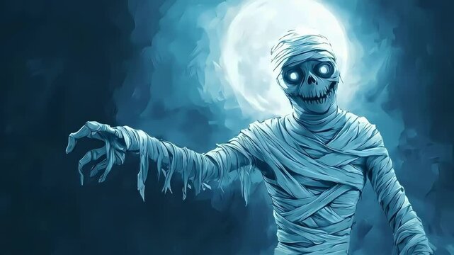 Eerie mummy illustration with glowing eyes against a moonlit backdrop.