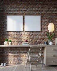 poster mockup in interior background of home office with exposed brick wall