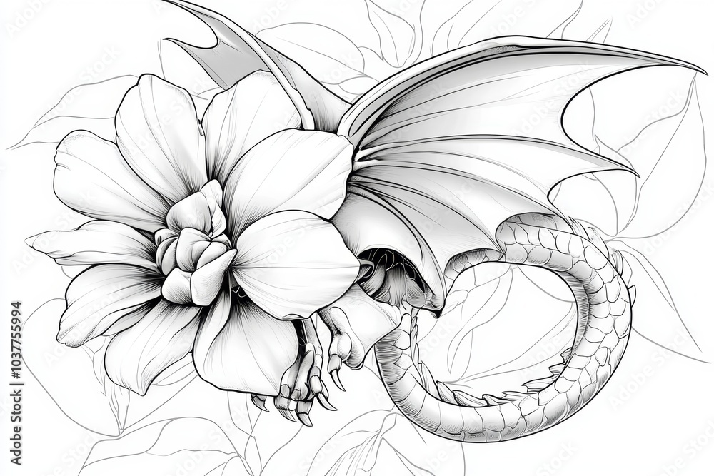 Poster a simple outline of a snapdragons flower, with clean lines representing its dragon-like form