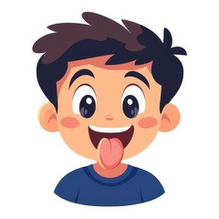 Obraz premium A cheerful cartoon boy in a vibrant flat design playfully sticks his tongue out, set against a clean white backdrop.