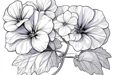 A simple outline of a Geranium blossom, with soft, flowing lines against a clean white background
