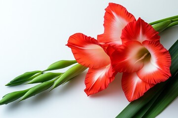 A single Gladiolus flower on a white background, emphasizing the elegance of its petals