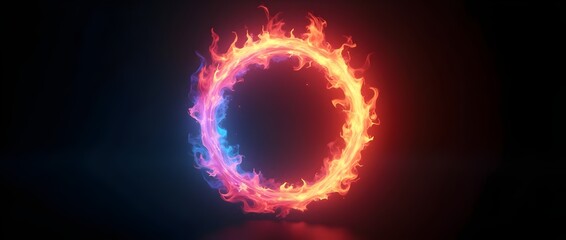 3D circular flame gradient transitions from icy blue to fiery red and pink, forming an eye-catching ring of fire on a dark mysterious background.circular flame, blue to red pink gradient, wallpaper 