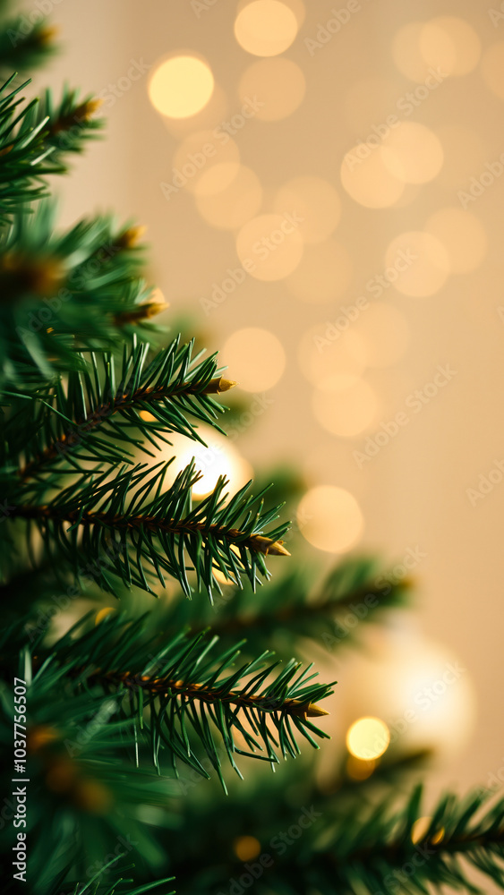 Poster close- a pine tree branch with blurred golden lights the background