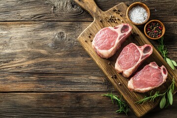 Raw Pork Loin Presentation: Pork loin chops on a wooden table, top view, featuring ample copy space for culinary content.