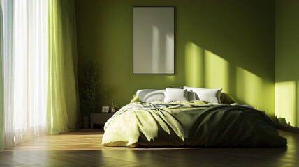Cozy bedroom with green walls and natural light streaming through large windows in the morning