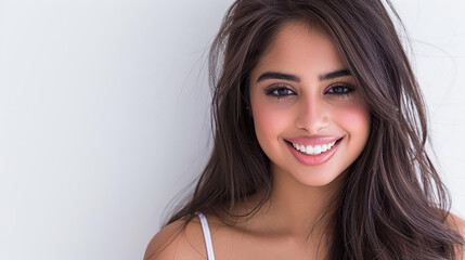 Obraz premium A radiant Hispanic woman laughs joyfully in a welllit studio, showcasing beauty and skincare confidence.