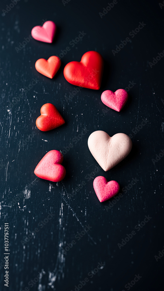 Poster collection heart-shaped objects on a blue surface