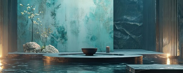 Stone architecture with kintsugi finishing, beautifully set against a backdrop of serene jade...