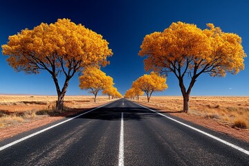 Fototapeta premium Acacia trees lining a rural road, their golden-yellow flowers contrasting against a clear blue sky