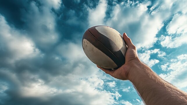 A rugby ball being held by a player, outdoor setting under dramatic clouds, Action style