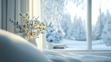 Cozy winter morning view from a bedroom window showcasing a snowy landscape and decorative plants