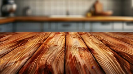A sleek wooden countertop enhances the charm of any modern kitchen, merging style and functionality seamlessly in a blurred backdrop.