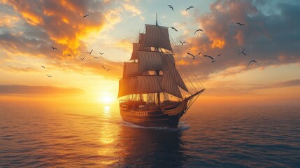 Obraz premium A majestic sailing ship gliding through a sunset-lit ocean.
