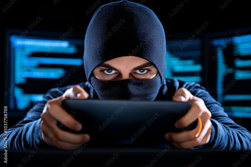 Poster Black hat hacking, illustrated in a dark, high-tech room filled with computer screens displaying encrypted data and security warnings
