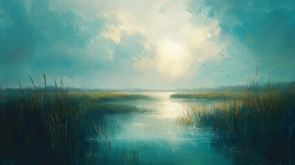 Fototapeta premium A soft impressionist style painting of a misty lake