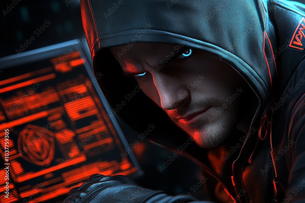 Poster black hat hacking, shown in a hyper-realistic scene, with every detail of the hackerâ€™s setup, from