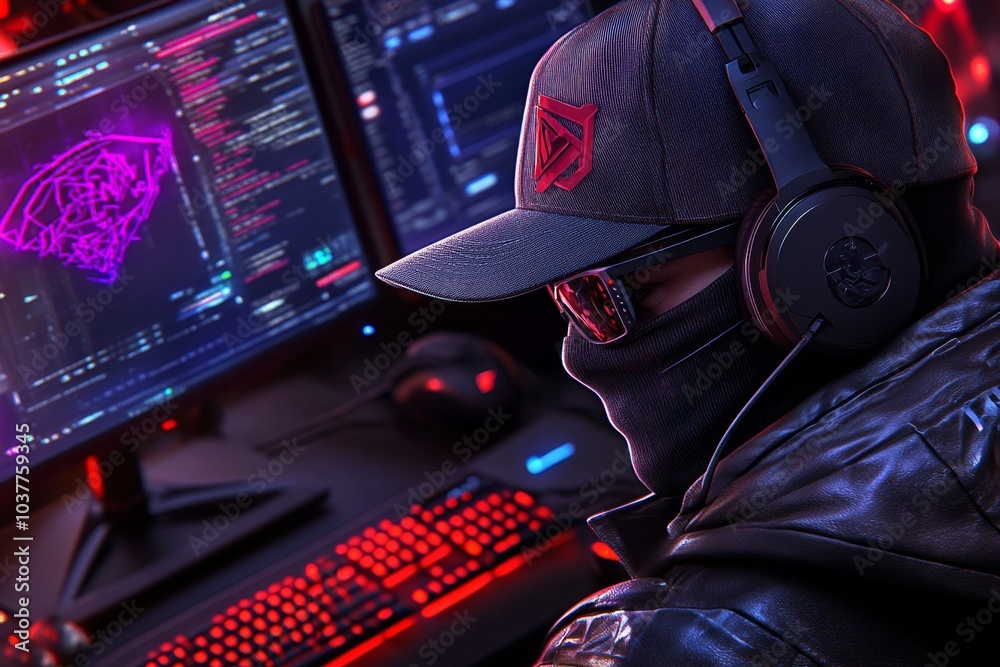 Aufkleber Black hat hacking, shown in a hyper-realistic scene, with every detail of the hackerâ€™s setup, from glowing monitors to the reflections of encrypted data on their face